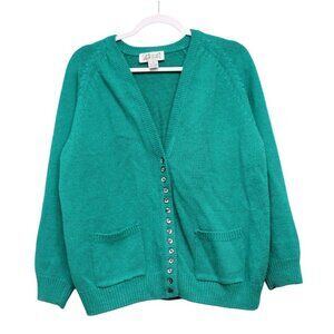 Vintage 80s 90s Cardigan Sweater Size Large Ramie Cotton Knit Teal Grandpa Retro